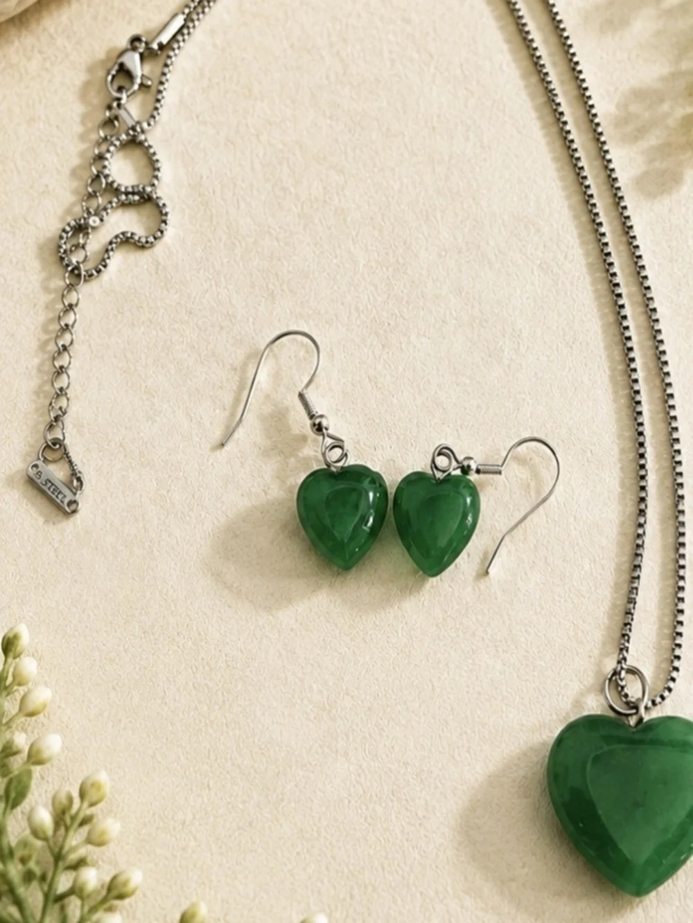 Handmade Green Dyed Quartz Heart Necklace & Earrings Set | Stainless Steel & Ste